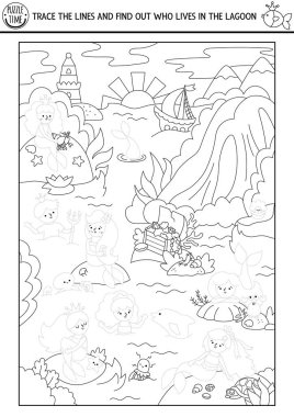 Gölde kimin yaşadığını bulmak için noktaları birleştir. Vektör peri masalı çizimi, sualtı krallığı manzarasıyla ilgili çalışma çizelgesi. Denizkızı yazdırılabilir etkinlik, çocuklar için boyama sayfası