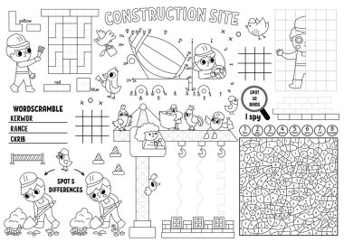 Çocuklar için vektör şantiye altlığı. Bina, labirentle basılabilir aktivite paspasıyla çalışıyor. Tic tac parmak çizelgeleri, noktaları birleştirmek, farkı bulmak. Siyah beyaz oyun hasırı onarım servisi, boyama pag