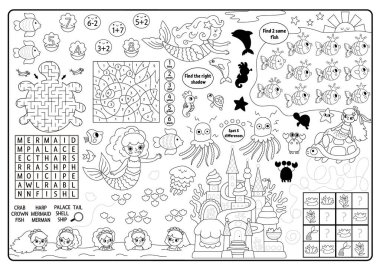 Vector deniz kızı siyah-beyaz yer örtüsü. Okyanus krallığı basılabilir, labirentli, gölge eşleşmeli, fark bul. Sualtı boyama oyun hasırı, menü, çocuk dergisi tablosu