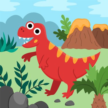 Tyrannosaurus Rex ile Vector Square sahnesi. Dinozor manzara çizimi. T-rex, volkan, eğrelti otu yaprakları, palmiye ağaçları, taşlar olan sevimli tarih öncesi manzara. Çocuk için komik dino sahnesi