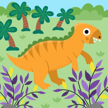 İguanadon, eğrelti otu yaprakları ve palmiyelerle dolu kare bir sahne. Dinozor manzara çizimi. Ormanı, bitkileri ve yeşilliği olan tarih öncesi şirin bir manzara. Çocuk için komik dino sahnesi