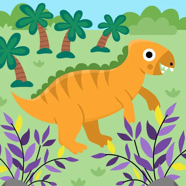 stock vector Vector square scene with iguanodon, fern leaves and palm trees. Dinosaur landscape illustration. Cute prehistoric scenery with forest, plants and greenery. Funny dino scene for kid