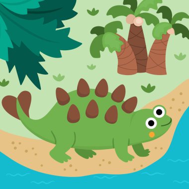 Ankylosaur ile vektör karesi sahnesi. Dinozor manzara çizimi. Orman, palmiye ağaçları, nehir ya da deniz, kum plajı olan tarih öncesi şirin bir manzara. Çocuk için komik dino sahnesi