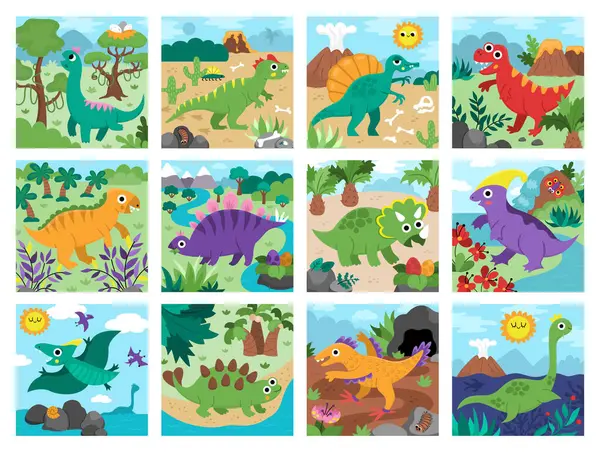 stock vector Vector dinosaur square scenes collection Dino landscape illustration pack for kids. Cute prehistoric scenes set with Spinosaurus, Velociraptor, Pterodactyl, Stegosaurus, Triceratops, T-Re