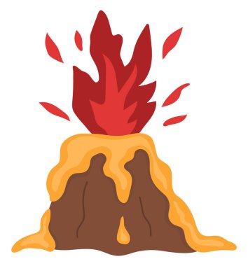 Volkan dağlarını lav ve ateş resimleriyle püskürten ya da patlatan vektör. Kayaların simgesi beyaz arkaplanda izole edildi. Tarih öncesi doğa manzarası. Dinozor kara elementi