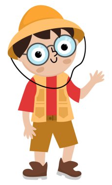 Vektör paleontolog ikonu. Çizgi filmdeki arkeolog çocuk şapkalı ve kahverengi çizmeli el sallıyor. Tarihsel dinozor kazısı ya da kazı bilim adamı ya da kaşif çizimi. Turist fotoğrafı