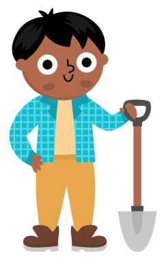Vektör paleontolog ikonu. Çizmeli arkeolog çocuk elinde kürekle kahverengi botlarla tırmanıyor. Tarihsel dinozor kazısı ya da kazı bilim adamı ya da kaşif çizimi. Turist fotoğrafı