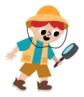 Vektör paleontolog ikonu. Çizgi roman meraklısı arkeolog çocuk aynalı şapka ve kahverengi botlarla tırmanıyor. Tarihsel dinozor kazısı ya da kazı bilim adamı ya da kaşif çizimi. Turist fotoğrafı