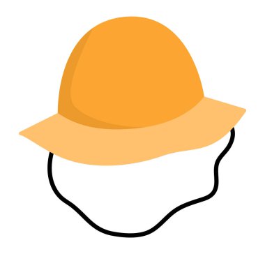 Yaz şapkası çizimi. Arkeolog ya da paleontolog portakal rengi şapka ikonu. Beyaz arka planda izole edilmiş yürüyüş ya da kamp ekibi. Açık hava tatilleri ve turnuvalar için kıyafetler