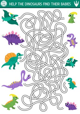 Şirin hayvanları ve bebekleri olan çocuklar için dinozor labirenti. Basit bir okul öncesi baskı aktivitesi. Dinozor arazisi labirenti oyunu, Stegosaur, Pterosaur ve çocukları ile bulmaca
