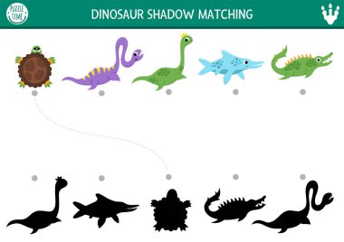 Dinosaur shadow matching activity with water animals. Prehistoric puzzle with cute plesiosaur, Ichthyosaur. Find correct silhouette printable worksheet or game. Dino land page for kid clipart