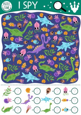 Dinozor çocuklar için casusluk oyunu. Plesiyozor, balık ve mozazorla araştırma ve sayma faaliyetleri. Anaokulu çocukları için tarih öncesi basılabilir çalışma tablosu. Basit su dinozoru arazisi bulmaca çözüyor.