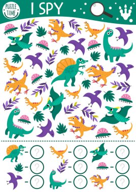 Dinozor çocuklar için casusluk oyunu. Brachiosaur, Pterosaur ve Velociraptor ile arama ve sayma faaliyetleri. Anaokulu çocukları için tarih öncesi basılabilir çalışma tablosu. Basit bir dino bölgesi bulmacası.