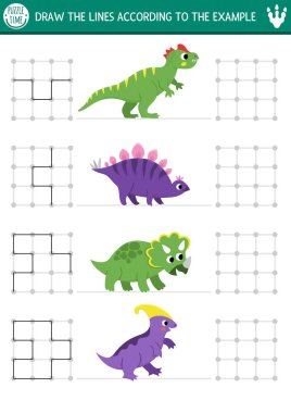Dinozor çizimi, yazma, iz sürme, antik hayvanları olan çocuklar için uzay yönlendirme aktivitesi. Örneğe göre çizgileri kare kutuda çiz. Okul öncesi tarih öncesi yazdırılabilir oyun, puzzle!