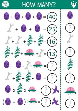 Dinozor kaç oyun, denklem ya da rebus. Okul çocukları için tarih öncesi matematik aktivitesi. Kemiği, yumurtası, eğreltiotu olan çocuklar için basit bir basım tablosu.