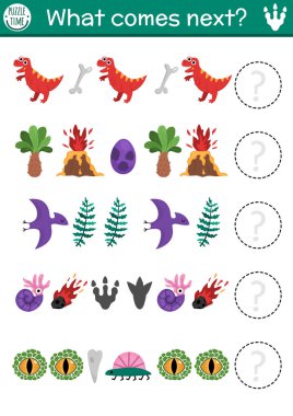 Sırada ne var? T-rex, yumurta, volkan, pterosaur, göz, göktaşı olan anaokulu çocukları için dinazor aktivitesi. Tarih öncesi mantık ardılı çalışma tablosu. Dino arazisi devam ediyor.