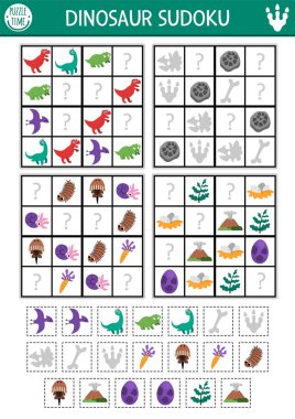 Resimli çocuklar için vektör dinozor sudoku bulmacası. Kesik ve yapıştırıcı elementleri ile basit bir tarih öncesi sınav. Eğitim aktivitesi ya da T-rex, böcekler, triceratops, volkan ile boyama sayfası. Eksik nesneyi çiz