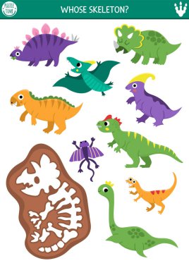 Dinozor aktivitesi sevimli hayvanlar ve triceratops iskeleti ile eşleşiyor. Pterosaur ve Stegosaur 'un tarih öncesi bulmacası. Kemik oyununu eşleştir ve çembere al. Dino arazi yazdırılabilir çalışma tablosu, pag eşleşmesi