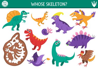 Dinosaur matching activity with cute animals and triceratops skeleton. Prehistoric puzzle with T-rex, velociraptor. Match and circle the bones game. Dino land printable worksheet, match up pag clipart