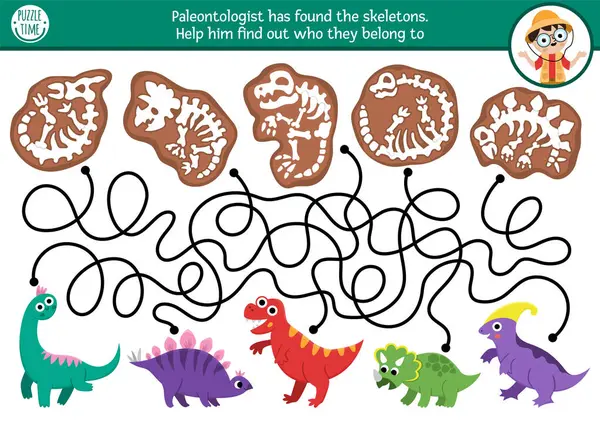 Şirin hayvanları ve iskeletleri olan çocuklar için dinozor labirenti. Basit bir okul öncesi baskı aktivitesi. Dino arazisi labirenti oyunu, paleontologla bulmaca, T-rex, stegosaur, triceratop