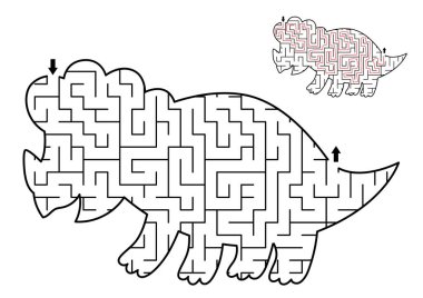 Çocuklar için dinozor geometrik labirenti. Triceratops şeklinde okul öncesi basılabilir aktivite. Dino arazisi çocuklar için labirent oyunu. Sevimli tarih öncesi hayvan bulmacası.