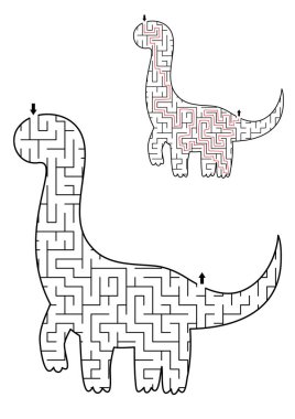 Çocuklar için dinozor geometrik labirenti. Okul öncesi basılabilir aktivite Brachiosaurus şeklinde. Dino arazisi çocuklar için labirent oyunu. Sevimli tarih öncesi hayvan bulmacası.
