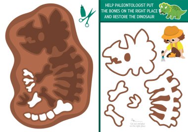 Triceratops iskelet kesim ve yapıştırıcı aktivitesini onar. Dinozor eğitimli el işi oyunu. Kayıp parçaları bul. Kemikleri olan çocuklar için Vector dino basılabilir arazi sayfası. Paleontologis ile resmi tamamla