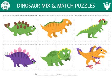 Dinazor taşıyıcı karışım ve bulmacayı sevimli antik hayvanlarla eşleştir. Anaokulu öğrencileri için tarih öncesi aktiviteler. Stegosaur, triceratops, velocirapto ile eğitici basılabilir oyun