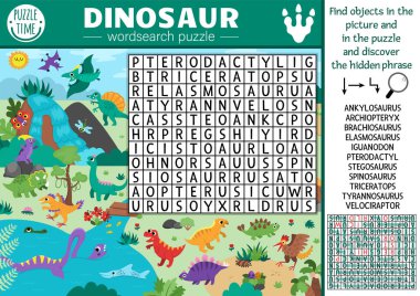 Dinozor isimli çocuklar için vektör kelime bulmacası. Dinozor arazisiyle ilgili kelime yarışması. T-rex, triceratops ve stegosaur ile eğitimsel aktivite. Tarih öncesi sahne ile çapraz sözcük