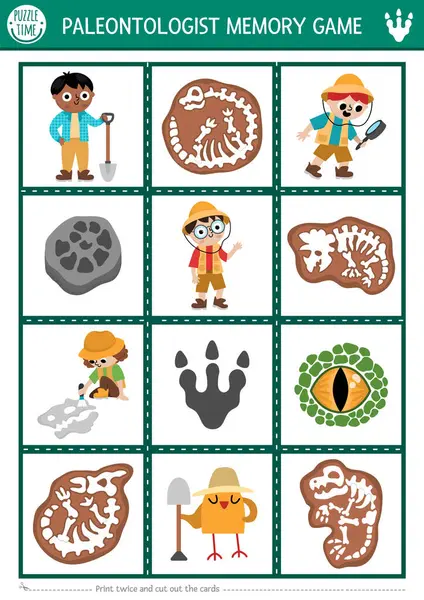 stock vector Vector paleontologist memory game cards with cute dinosaur bones, fossil, archeologist. Prehistoric scientists matching activity. Remember and find correct card. Simple printable worksheet for ki