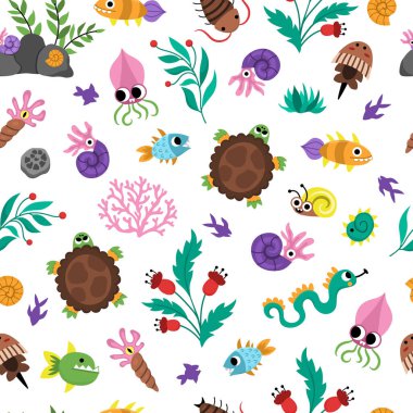 Vektör eski balıklar ve deniz canlıları kusursuz desen. Sevimli tarih öncesi su hayvanı arka planı tekrarlıyor. Dinozor dönemi dijital kağıdında kaplumbağa ve amonit var. Böcekler ve böcekler dokusu