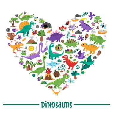 Pterodactyl, Stegosaurus, Tyrannosaurus, Triceratops, T-Rex ile şekillendirilmiş vektör dinozor kalbi. Pankart için tarih öncesi hayvan kartı şablonu tasarımı, davet. Çocuklar için dinazor partisi öğeleri