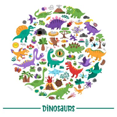 Pterodactyl, Stegosaurus, Tyrannosaurus, Triceratops, T-Rex 'li dinozor yuvarlak çerçevesi. Pankart için tarih öncesi hayvan kartı şablonu tasarımı, davet. Çocuklar için dinazor partisi öğeleri