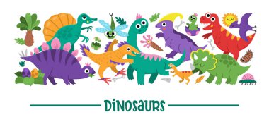 Vektör yatay dinozor kenarı ayarlandı. Dinozor karakterli tarih öncesi kart şablonu. Şirin antik hayvanlar Stegosaurus, Tyrannosaurus, Triceratops, T-Rex, yumurta, nes ile sınırdır.