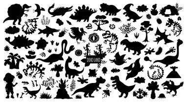 Dinozor siluetleri ayarlandı. Sevimli tarih öncesi hayvan ikonları koleksiyonu. Pterodactyl, Stegosaurus, Tyrannosaurus, Triceratops, T-Rex, çocuk paleontolojisti olan siyah dinozor çizimleri.