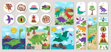 Pterodactyl, Stegosaurus, Tyrannosaurus, Triceratops, T-Rex 'li şirin dinozor kartları. Vektör karikatür tarih öncesi kare, yuvarlak, dikey baskı şablonları, etiketler, kartpostallar, reklam