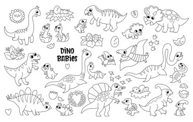 Siyah beyaz dinozor anneler ve bebekler seti. Tarih öncesi hayvan çizgisi simgeleri koleksiyonu. Dinozor anne ve çocuk çizimleri. Aileler ve çocuklar dinozorlar. Sevimli anneler günü boyama pastası.