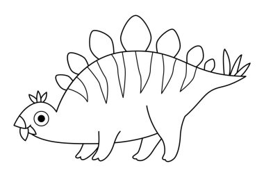 Vektör siyah ve beyaz stegosaurus simgesi. Çocuklar için sevimli dinozor çizgisi çizimi. Beyaz arka planda izole edilmiş komik bir dinazor ya da boyama sayfası. Çizgi film tarih öncesi hayvan çiğneme izni