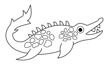 Vektör siyah ve beyaz mozaik simgesi. Çocuklar için suda yaşayan dinozor çizgisi çizimi. Timsah ya da timsah dino Clipart beyaz arka planda izole edildi. Tarih öncesi karikatür deniz hayvanlarını boyama pag