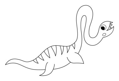 Vektör siyah ve beyaz elasmosaurus simgesi. Çocuklar için şirin su dinozor çizgisi çizimi. Beyaz arka planda uzun boyunlu komik bir okyanus dinozoru. Tarih öncesi karikatür deniz hayvanlarını boyama pag