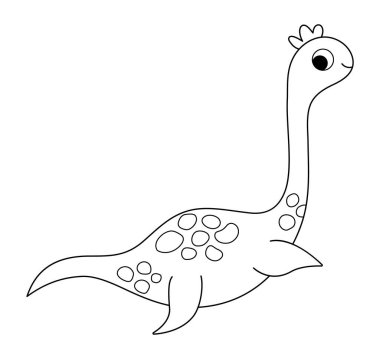 Siyah ve beyaz plesiyozor ikonu. Çocuklar için suda yaşayan dinozor çizgisi çizimi. Beyaz çocuklar için uzun boyunlu okyanus dinozoru. Tarih öncesi karikatür deniz hayvanlarını boyama pag