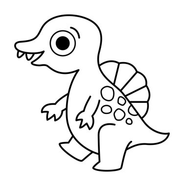 Vector siyah ve beyaz bebek spinosaurus ikonu. Çocuklar için şirin bir dinozor çizgisi çizimi. Beyaz arka planda izole edilmiş komik bir dinazor. Tarih öncesi hayvan çocuk boyama pag çizgi filmi.