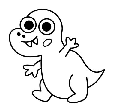 Siyah ve beyaz Tyrannosaurus Rex ikonu. Çocuklar için şirin bebek dinozor çizgisi çizimi. Çocuk T-Rex beyaz arka planda izole çocuklar için tırmanıyor. Tarih öncesi hayvan boyama pag çizgi filmi.