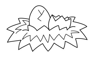 Siyah beyaz bir kuş ya da yumurta ikonlu bir dinozor yuvası. Çiftlik, Paskalya veya tarih öncesi çizimler beyaz arka planda izole edilmiş. Çocuk için şirin bir bahar boyama sayfası