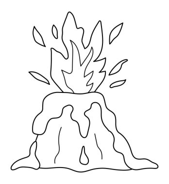 Siyah ve beyaz taşıyıcı volkan dağlarını lav ve ateş çizgisi resimleriyle patlatıyor ya da patlatıyor. Taşların simgesi beyaza izole edilmiş. Tarih öncesi doğa manzarası. Dinozor toprak boyama pag 'ı