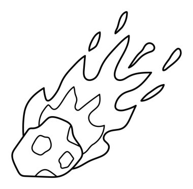 Beyaz zemin üzerinde siyah-beyaz vektör asteroit simgesi izole edildi. Çizgi film kuyrukluyıldız kuyruklu yıldızı. Uzay tasarım elementi. Çocuklar için meteor boyama sayfası