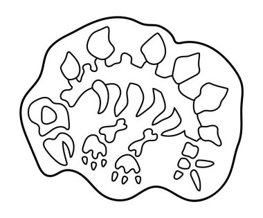 Vektör siyah ve beyaz stegosaurus kemik ikonu. Şirin dinozor fosilleri çocuklar için çizilmiş. Çocuklar için komik kazılmış Stegosaur tırmanışı. Tarih öncesi hayvan boyama pag çizgi filmi.