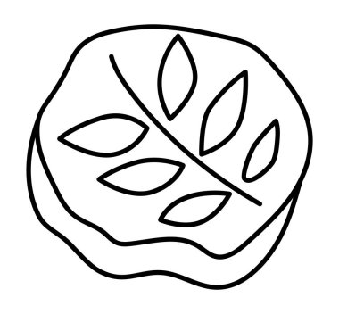 Siyah ve beyaz fosil ikonu. Çocuklar için sevimli bir pul çizgisi çizimi. Kadim yapraklı komik kazılı kaya çocuklar için tırmanıyor. Çizgi film paleontolojisi obje boyama pag