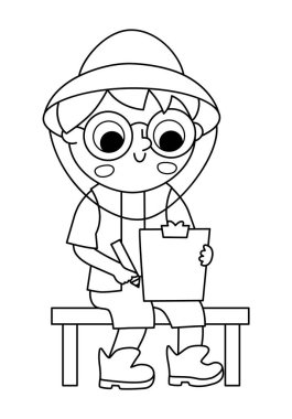 Siyah-beyaz vektör paleontolog ikonu. Şapkalı arkeolog çocuk oturuyor ve not defterine not alıyor. Tarihsel dinozor kazısı ya da kazıları bilim adamı, kaşif çizgisi çizimi ya da renklendirici pag