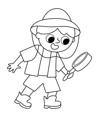 Siyah-beyaz vektör paleontolog ikonu. Çizgi film meraklısı, aynalı şapkalı arkeolog çocuk. Tarihsel dinozor kazısı ya da kazıları bilim adamı, kaşif çizgisi çizimi ya da renklendirici pag